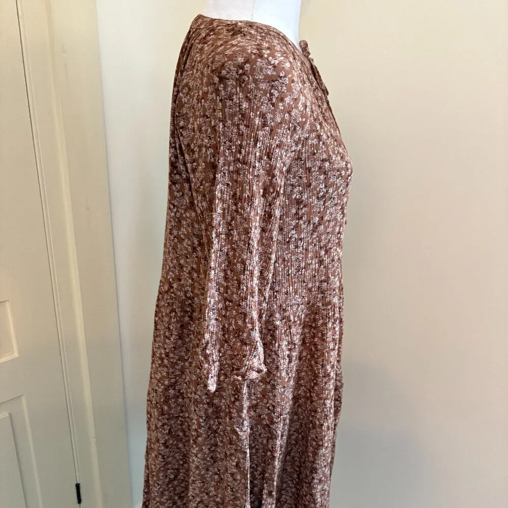 Brown Crinkle Textured Boho Chic Floral Dress by BE COOL, Size Medium - Picture 4 of 11